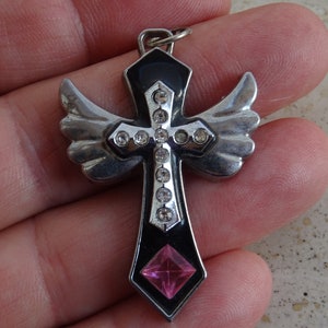 Religious French silver plated Christian crucifix pendant cross with transparant stones and yellow stones. A 33