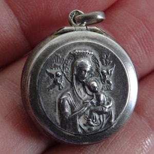 Relious French Catholic silver ( MARKED ) miniature box container rosary holder of Holy Virgin Mary Perpetual Help. ( 49 )