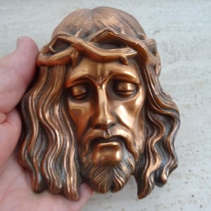 Religious antique French catholic red copper solid plaque  torso body trunk statue head of Holy Jesus Christ Our Lord. 9