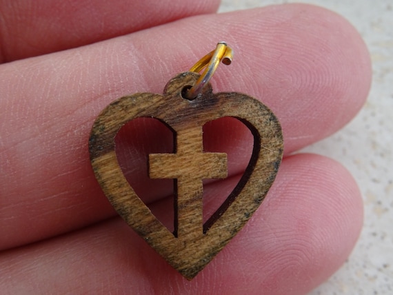 Religious antique French wooden charm medaillon m… - image 1