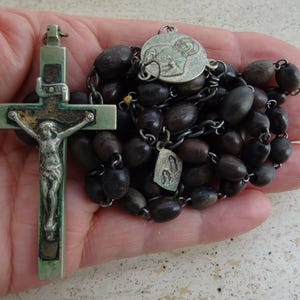 Antique religious French catholic rosary with black wooden beads and cross crucifix  Holy Jesus Christ Our Lord with medals. V  5
