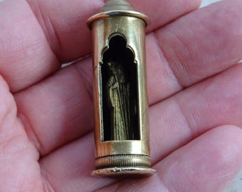 Religious antique French catholic copper pocket shrine reliquary chapel altar relic with statue of Saint Benedict. ( B 10 )