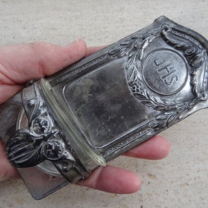 Religious antique catholic French silver plated Holy water font stoup of IHS. ( E 4a  )