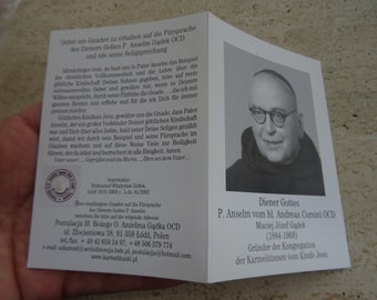 Religieus katholieke kaart heiligdom reliekschrijn relikwie met de doek van de zalige heilige Andreas Cosini Maciej Jozef Gadek. ( XX 22 )