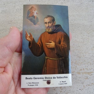 Religiöses katholisches Kartenschreinreliquiar mit der Reliquie des Tuches der seligen Heiligen Geremia Stoia da Valacchia. ( FF 19 )