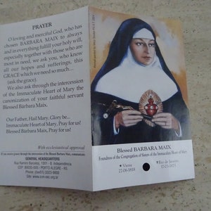 Religiöse katholische Schreinkarte mit der inneren Reliquie der heiligen Schwester Barbara Maix. (V V 28)