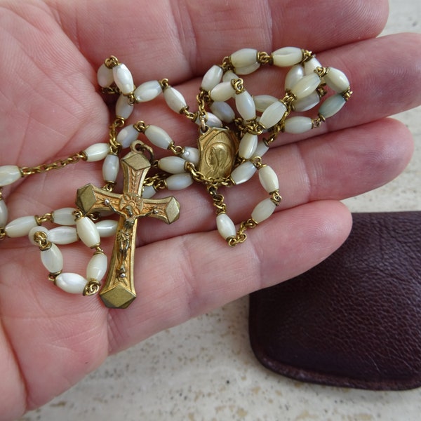 Religious antique French catholic rosary with white mother of pearl beads and vermeil cross Holy Christ in a brown purse wallet box. D 20