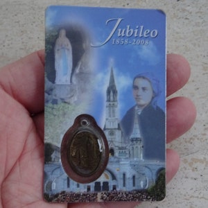 Biglietto religioso cattolico plastificato con all'interno medaglia argentata pendente carm della Santa Vergine Maria Nostra Signora di Notre Dame de Lourdes. (A21)