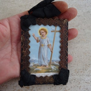 Religious antique French painting pendant of Saint John the Baptist,Sanctus Joannes Medallion, Patron Saint of Love.( 35 )