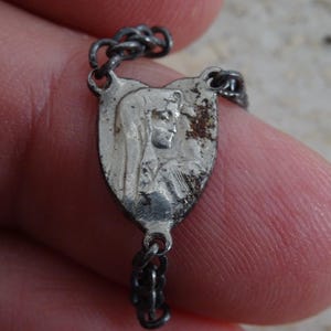 Religious antique French catholic silver plated rosary center medal connector Holy Virgin Mary mater Dolorosa. ( G 30 )