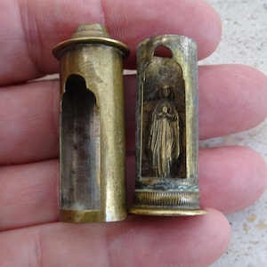 Religious French copper catholic pocket shrine altar chapel reliquary with statue of Holy Virgin Mary with Holy Child Jesus Christ. ( 57 )