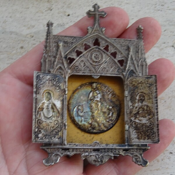 Religious antique French silver plated catholic triptych chapel triptique travel icon altar of Holy Virgin Mary souvenir of Lorette. 15