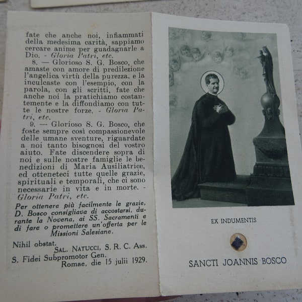 Religious antique catholic shrine card with reliquary relic piece of cloth (  Ex indumentis from the cloth ) of Saint John Bosco. Y 36