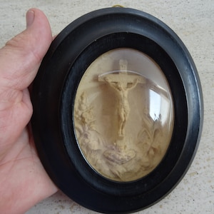 Religious antique French catholic shrine meerschaum medal of the body of Holy Jesus Christ on the cross crucifix of the Crucifixation. ( 8 )