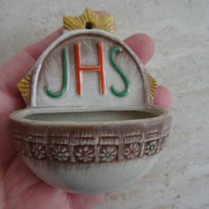 Religious catholic French Holy water font stoup of porcelain with IHS. (  V 14  )