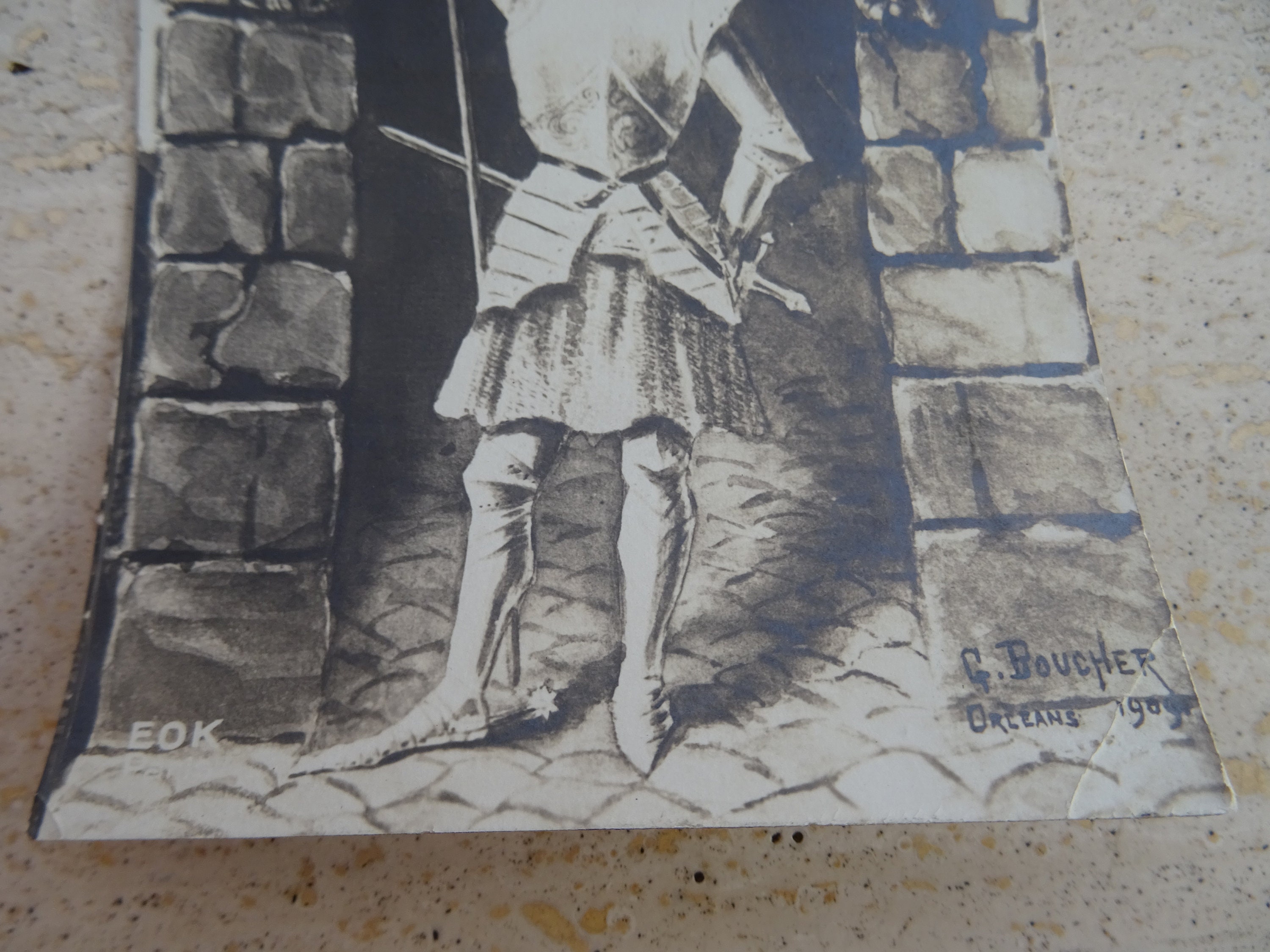 千円引　能登地震寄付　Jeanne d'Arc　ジャンヌ・ダルク　フランス語 旗を掲げたジャンヌ・ダルクの像が描かれた、フランスのアンティークの