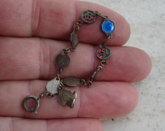 Religious antique French silver plated enameled bracelet of Holy Virgin Mary and Saint Hubert. ( D 27 )