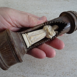 Religious antique French catholic wooden shrine altar chapel reliquary with plaster statue of Saint Anthony of Padua. ( 9 )