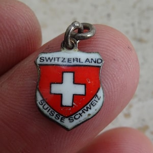 Vintage silver MARKED 800 enameled travel shield charm, memory  tourist charm, Coat of Arms, medal charm souvenir of Switserland. ( S 30 )
