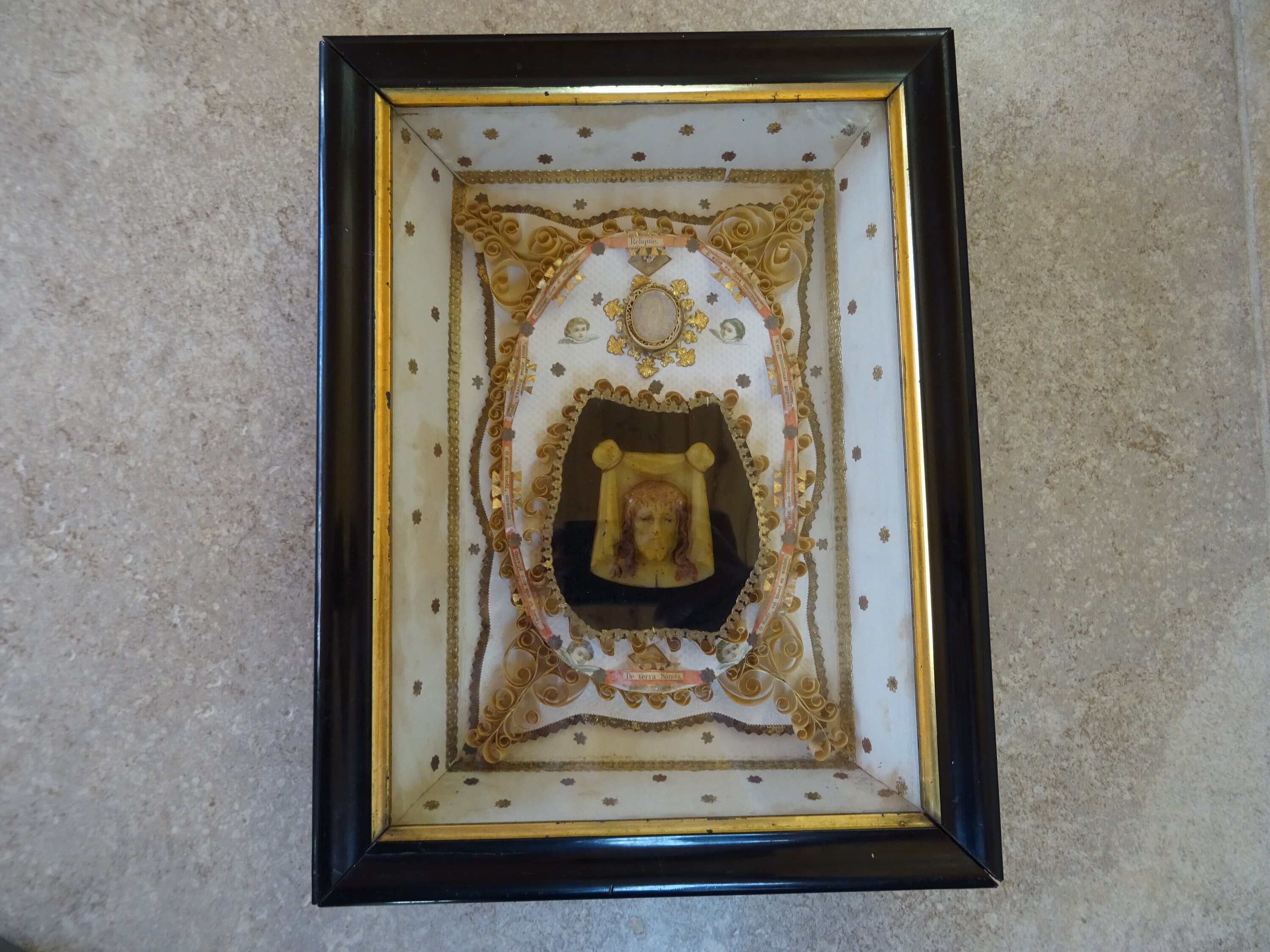 Religious antique wooden shrine with relic reliquary of Terra Sancta the shroud of Turin Holy Jesus Christ and Holy Virgin Mary of wax. H 6