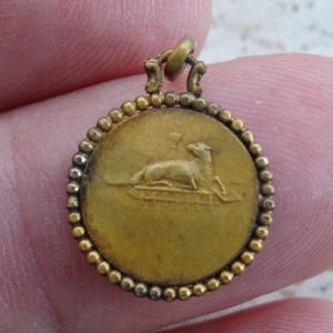 Religious antique French catholic vermeil gold plated medal pendant charm medallion Agnus Dei  the Lamb and Holy Christ Holy Communion.  5 a