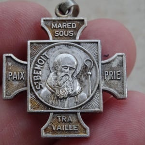 Big religious silvered catholic medal pendant medallion Holy charm of Saint Benedict. ( Catholic medal of exorcism against evil ) C 30
