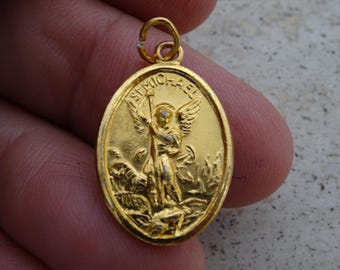 Religious vintage catholic medal pendant charm medallion of Archangel guardian angel Saint Michael. ( B 5 )