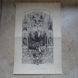Museale enorme religieuze antieke katholieke ongebruikte kaart van de Heilige Maagd Maria met priesters die de Heilige Communie dienen. (Z8)