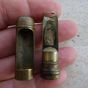 Religious antique French copper catholic pocket shrine altar chapel relic reliquary with statue of Holy Virgin Mary. (  )
