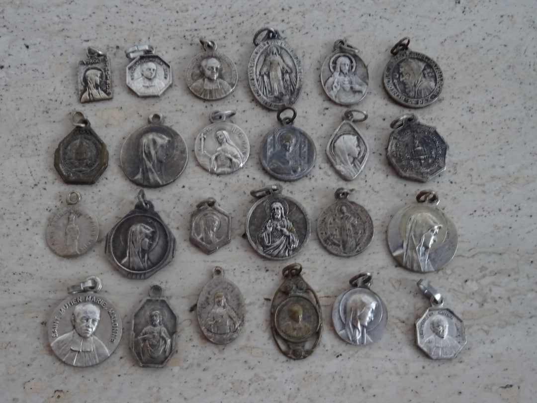 24 Religious Antique French Catholic Silver Plated Medals Pendants