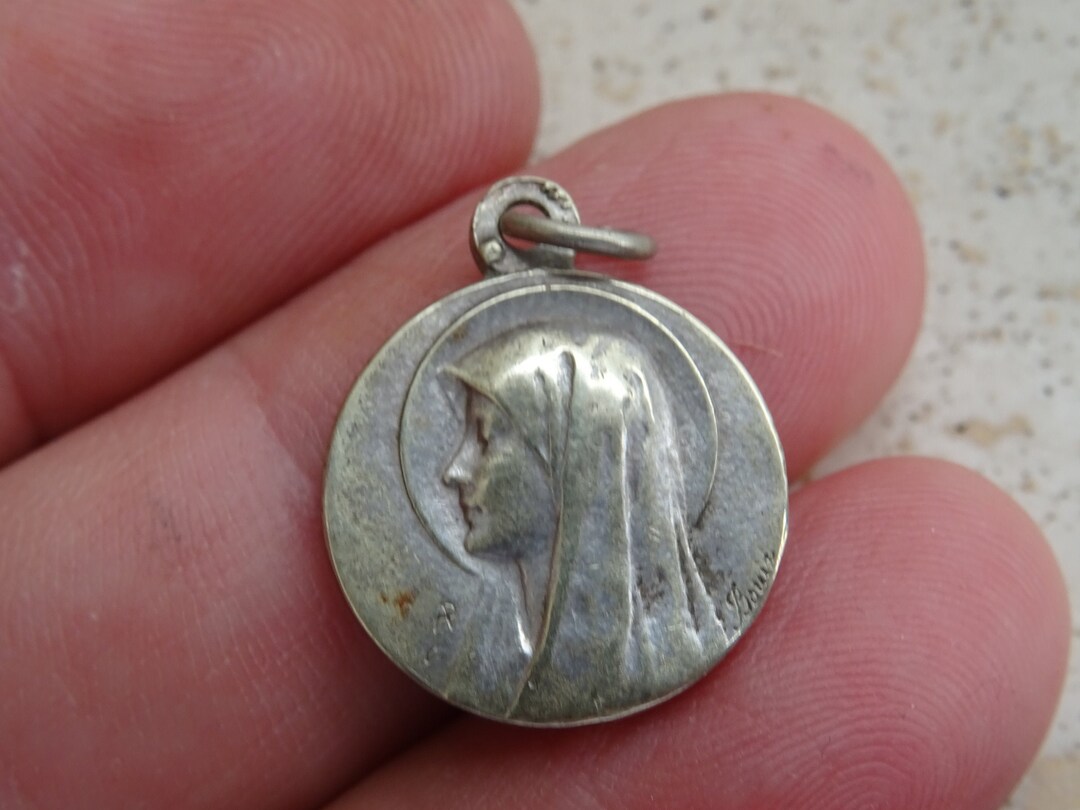 Pendentif Argent Sterling Sainte Marie - Antique Extra Large 37 Mm - Bijou Catholique Vintage