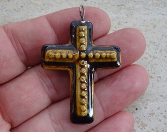 Religious antique French Christian catholic pendant cross crucifix of ceramic. ( F 27 )
