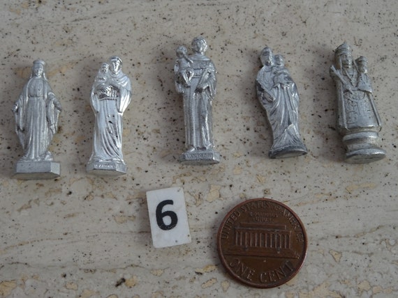5 Religious Antique French Aluminium Catholic Little Statues