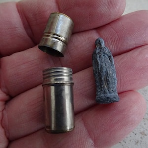 Religious antique copper French catholic tube pocket shrine altar chapel with statue of Saint Therese. 6a