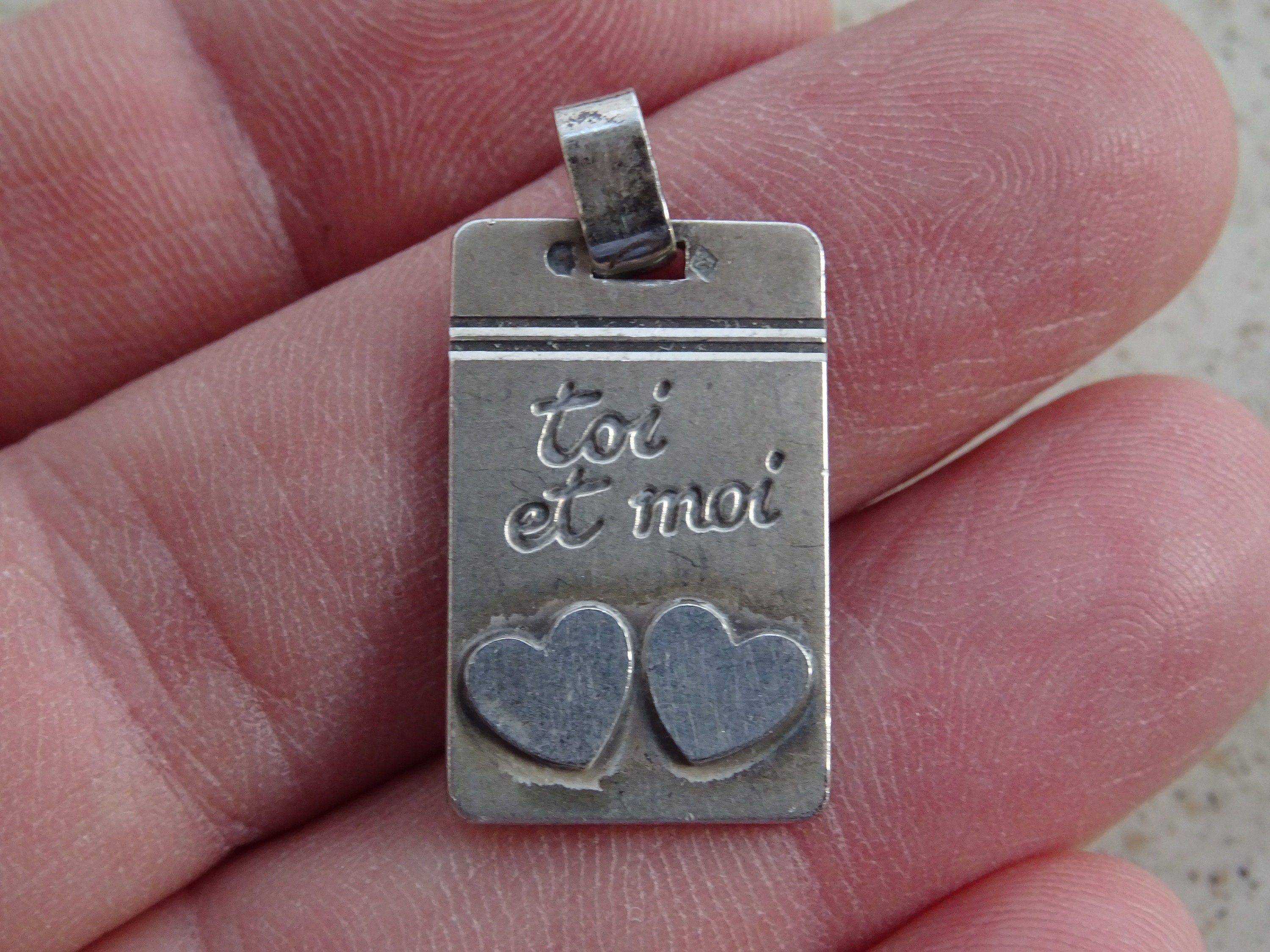 Religious French catholic silver ( MARKED ) catholic medal pendant charm medallion of toi et moi ( you and me ).  D 22