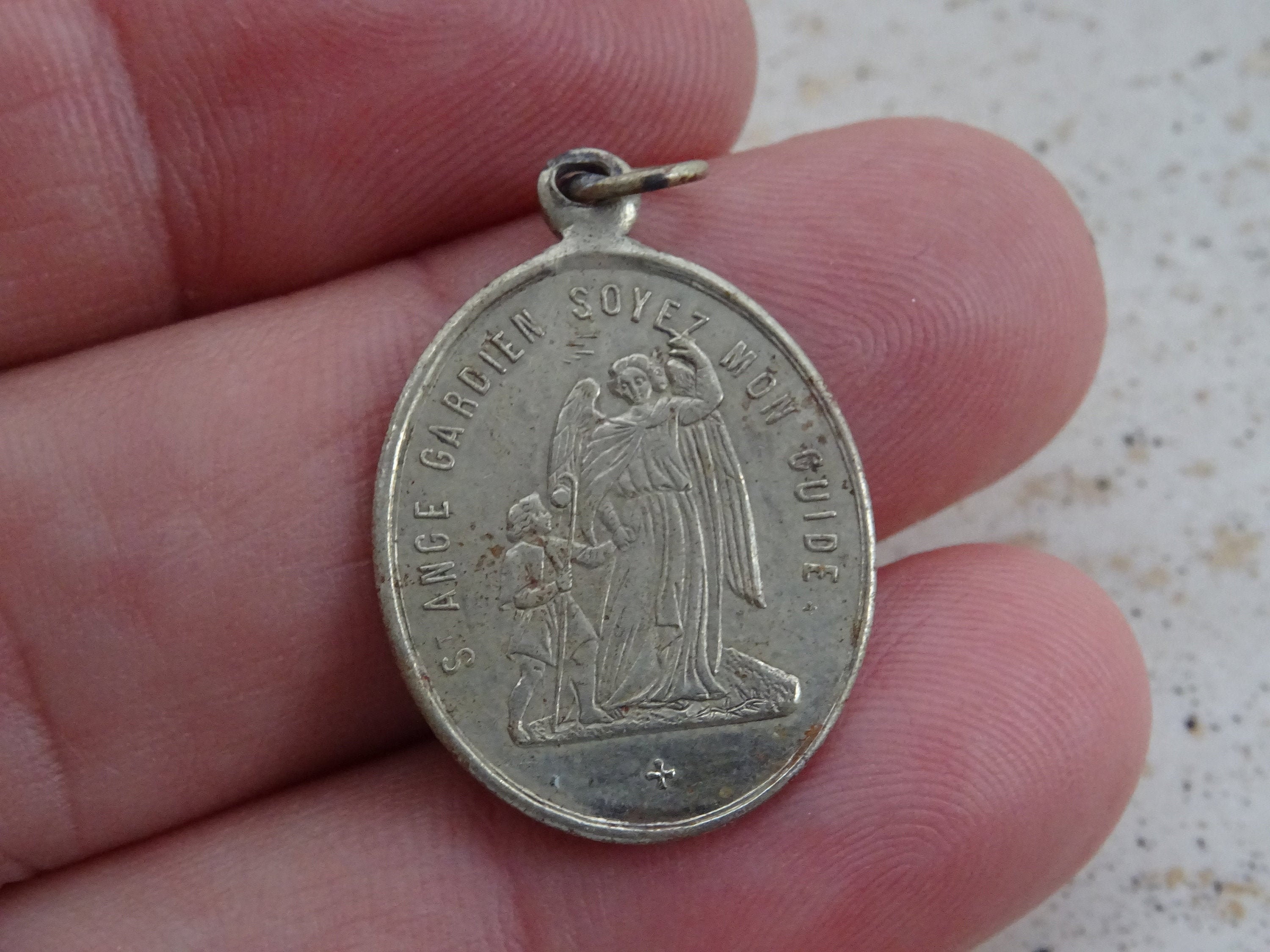 Religious antique French silvered catholic medal pendant Holy charm medallion of Saint Michael Archangel Guardian Angel. ( D 26 )