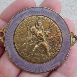 Religious antique copper enameled Guilloche catholic medal pendant plaque memorial tablet of Saint Christopher.  ( L 16 )