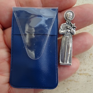 Religious French catholic plastic pocket shrine altar chapel with small silver plated statue of Saint Gerard.  ( A 12 )