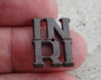Religious antique bronze element of a cross crucifix INRI. ( C 14 )