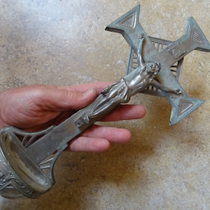 Religious antique catholic French silver plated Holy water font stoup with cross crucifix  Holy Jesus Christ. ( L 34  )