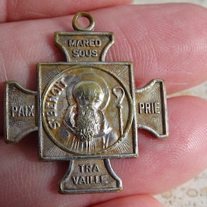 Religious antique silvered catholic medal pendant medallion Holy charm of Saint Benedict.  ( catholic medal of exorcism against evil)  A 16