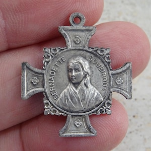 Religious antique French silver plated catholic medal charm medallion pendant of Saint Bernadette. ( A 3 )