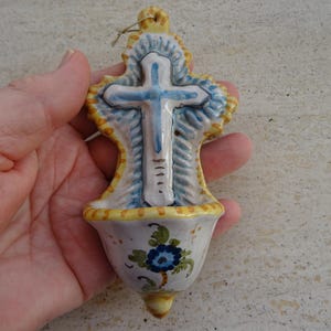 Religious antique catholic French Holy water font of porcelain with cross Holy Jesus Christ. ( B 30  )