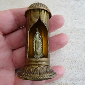Religious antique French copper catholic pocket shrine altar chapel relic reliquary with statue of Holy Virgin Mary. ( 7 )
