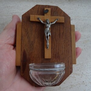 Religious vintage French wooden Holy water font stoup with cross crucifix Holy Jesus Christ.  B 27