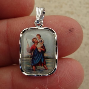 Religious French silver plated medal pendant medaillon holy charm with Saint Christopher, Christophorus, Travellers medal.  C 7