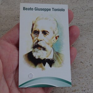Religiöse Vintage katholische Schreinkarte mit Reliquienreliquie mit Tuch des seligen Heiligen Giuseppe Toniolo. (FF 6)