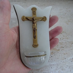 Religious antique French marble catholic Holy water font stoup of with copper cross crucifix of copper Holy Christ Our Lord. ( B 2 )