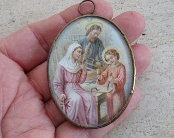 アンティークフランス 聖家族のニードルワーク刺繍タペストリー額装 イエスマリア アンティークフランス 聖家族のニードルワーク刺繍タペストリー