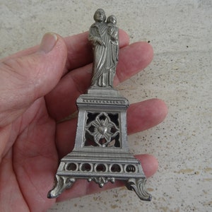 Religious antique French catholic silvered statue of Saint Joseph and Holy Child Jesus Christ. ( D 29 )